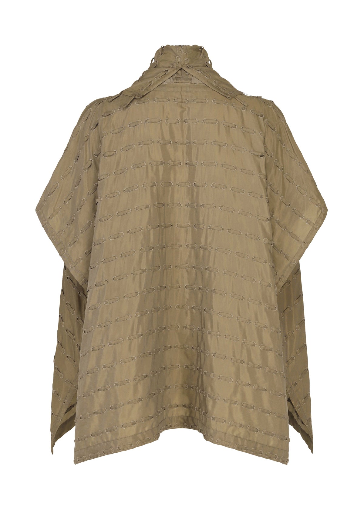 The HOLE & LINE poncho by HaaT is a khaki-colored, loose-fitting piece featuring a subtle textured pattern and delicate eyelet embroidery, shown against a plain white background. view 3 of 8