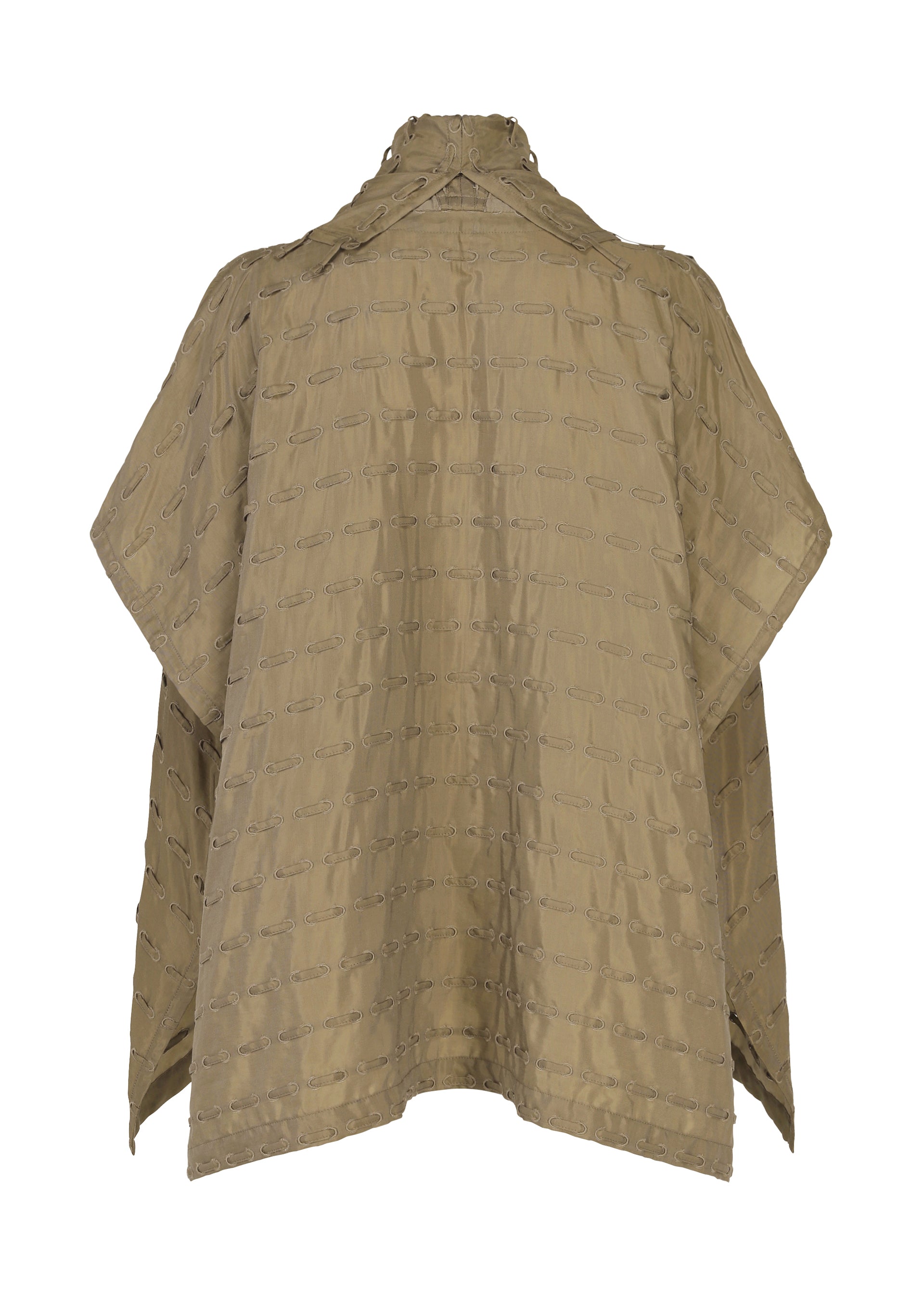Zoomed view The HOLE & LINE poncho by HaaT is a khaki-colored, loose-fitting piece featuring a subtle textured pattern and delicate eyelet embroidery, shown against a plain white background.