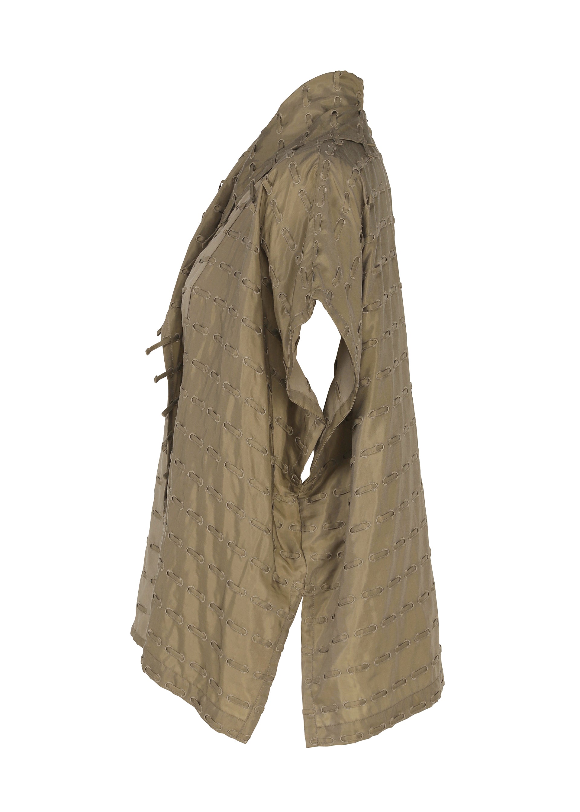 Zoomed view The HOLE & LINE cardigan by HaaT is a light brown, loose-fitting twill layer featuring a textured pattern, wide sleeves, and an open front, displayed from the side against a white background.