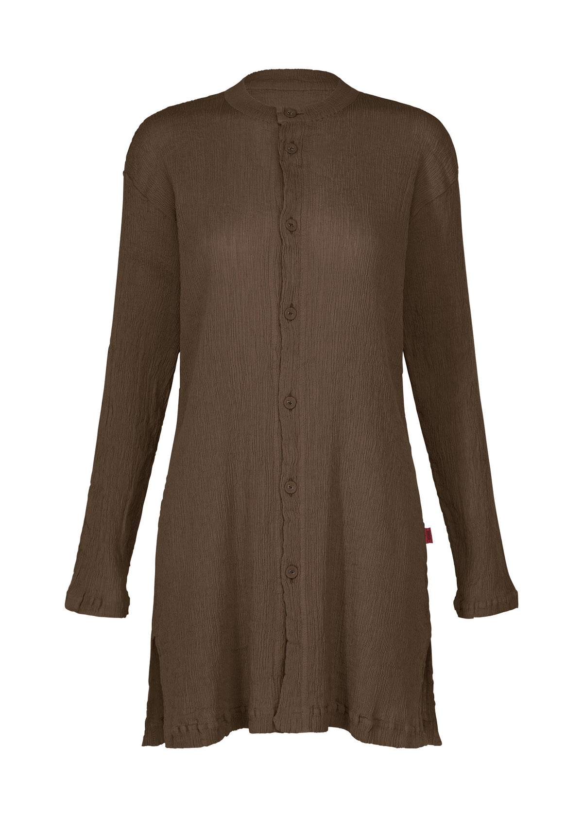 The KYO CHIJIMI AUGUST tunic by HaaT is a long-sleeve, brown button-up top with a crinkled texture, featuring a collarless neckline and side slits, shown on a white background. view 2 of 7