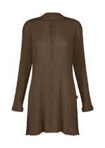 The KYO CHIJIMI AUGUST tunic by HaaT is a long-sleeve, brown button-up top with a crinkled texture, featuring a collarless neckline and side slits, shown on a white background. - DARK BROWN （no.45）
