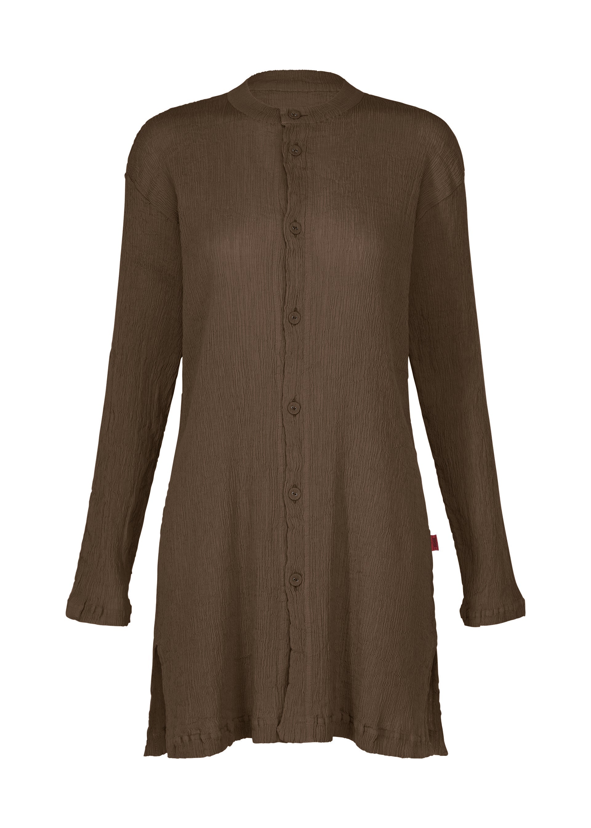 Zoomed view The KYO CHIJIMI AUGUST tunic by HaaT is a long-sleeve, brown button-up top with a crinkled texture, featuring a collarless neckline and side slits, shown on a white background. - DARK BROWN （no.45）