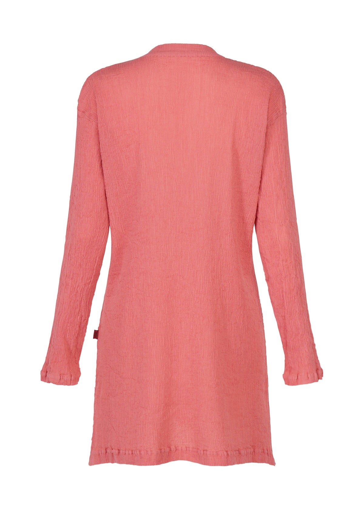 Back view of the HaaT KYO CHIJIMI AUGUST, a long-sleeved coral pink tunic or dress with a subtle crinkled texture inspired by KYO CHIJIMI fabric, featuring a simple, straight cut and no visible embellishments or fastenings. view 3 of 7
