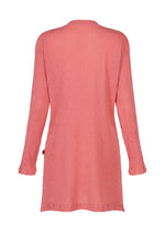 Back view of the HaaT KYO CHIJIMI AUGUST, a long-sleeved coral pink tunic or dress with a subtle crinkled texture inspired by KYO CHIJIMI fabric, featuring a simple, straight cut and no visible embellishments or fastenings.