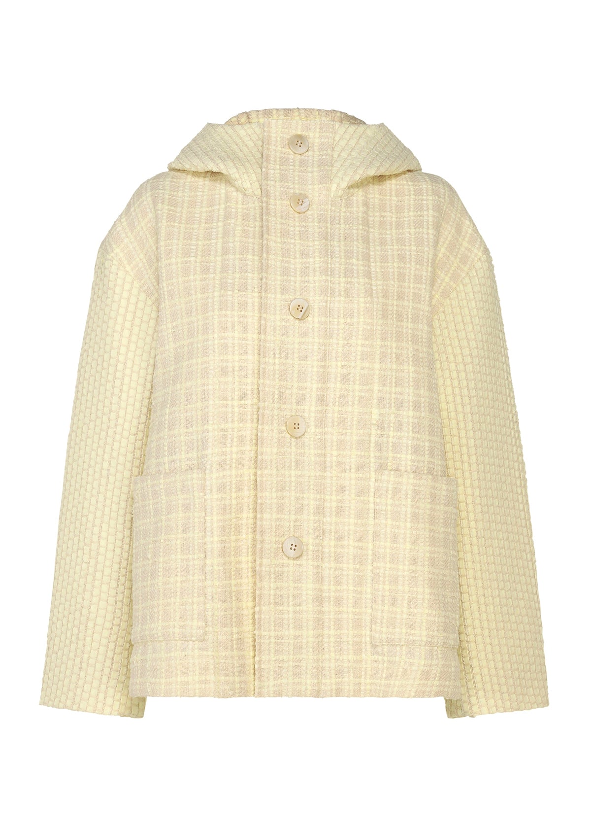 Zoomed view The SAKIORI jacket by HaaT features a light yellow plaid, hood, large front buttons, long sleeves, and two front pockets—crafted with traditional weaving techniques and shown on a plain white background. - IVORY （no.03）