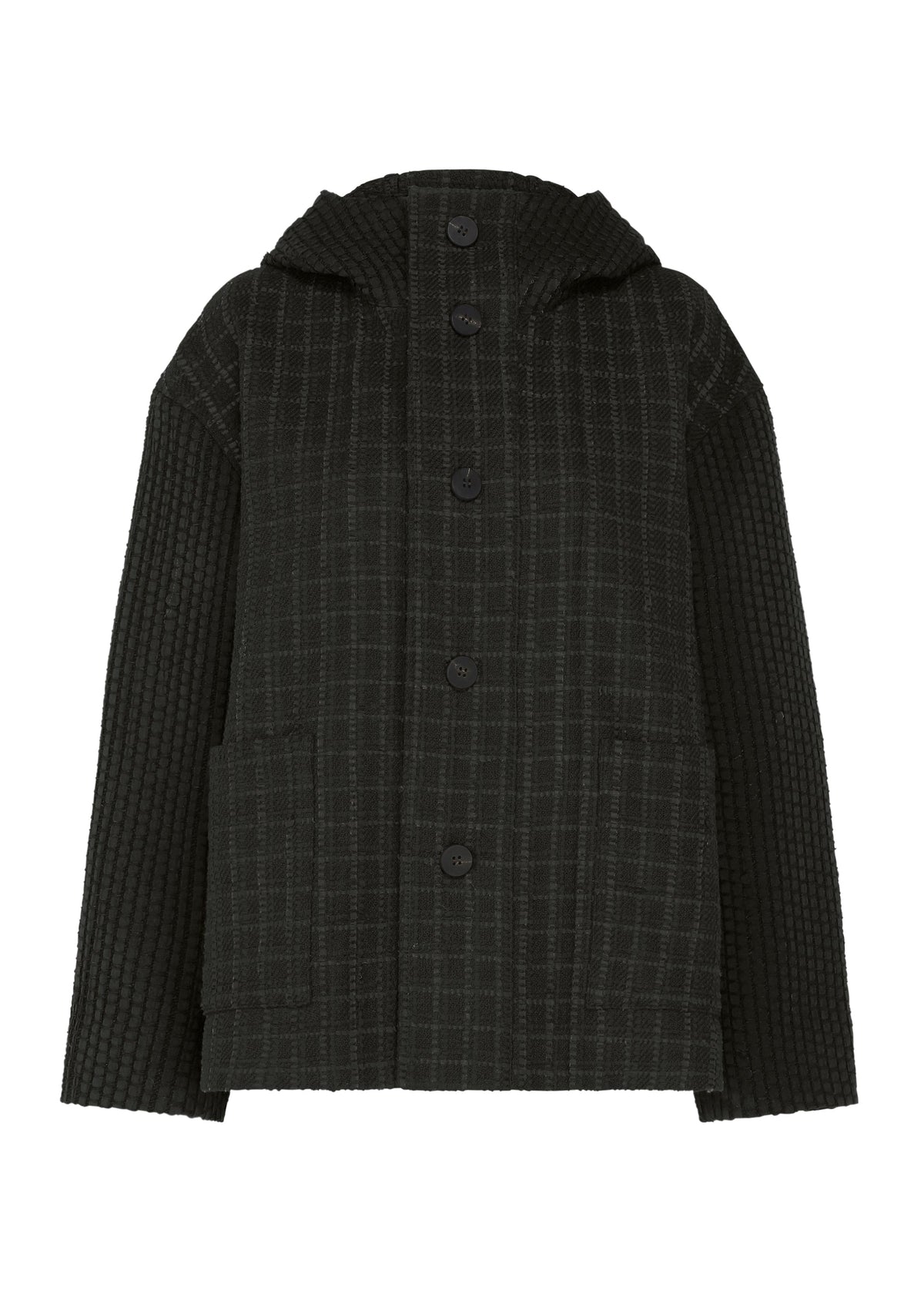 SAKIORI by HaaT is a black textured, hooded jacket with a subtle plaid pattern, front buttons, two large pockets, and traditional weaving. Thick and warm—perfect for cold weather. view 2 of 10
