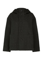 SAKIORI by HaaT is a black textured, hooded jacket with a subtle plaid pattern, front buttons, two large pockets, and traditional weaving. Thick and warm—perfect for cold weather. - BLACK （no.15）