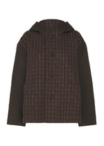 The SAKIORI jacket by HaaT features a brown plaid design, large black buttons, two front pockets, and long sleeves, inspired by traditional Sakiori weaving techniques. - BROWN （no.44）