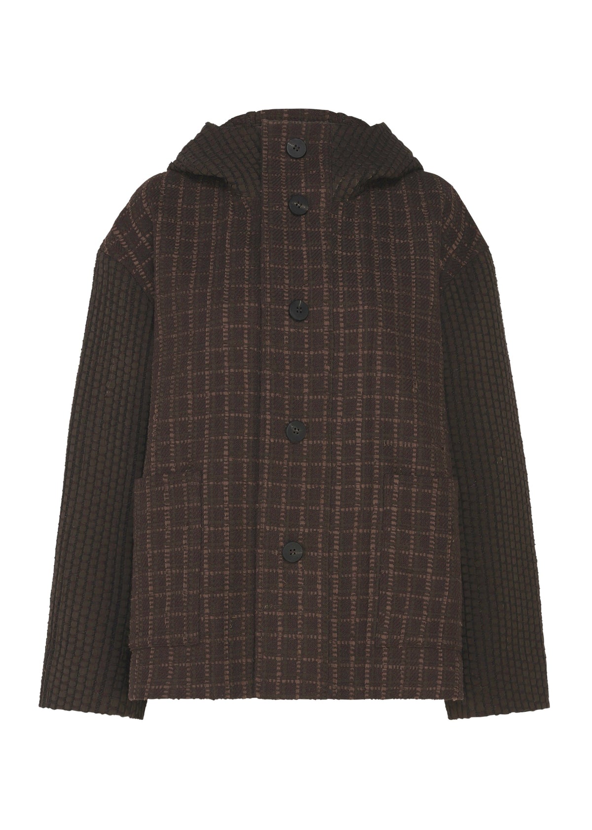 Zoomed view The SAKIORI jacket by HaaT features a brown plaid design, large black buttons, two front pockets, and long sleeves, inspired by traditional Sakiori weaving techniques. - BROWN （no.44）
