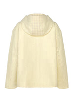Back view of SAKIORI by HaaT, a cream-colored hooded jacket with a textured grid pattern inspired by traditional weaving, loose fit, and wide sleeves for a relaxed, casual look.