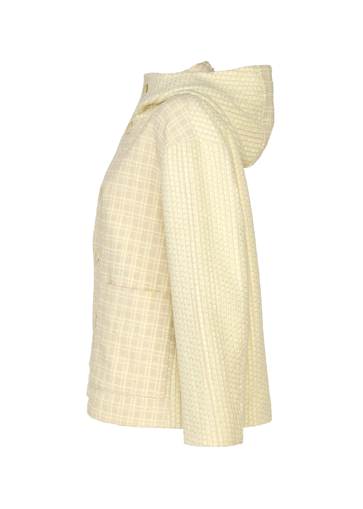 Side view of a light yellow plaid SAKIORI hooded jacket by HaaT, featuring long sleeves and two front pockets, displayed on a plain white background. view 5 of 10