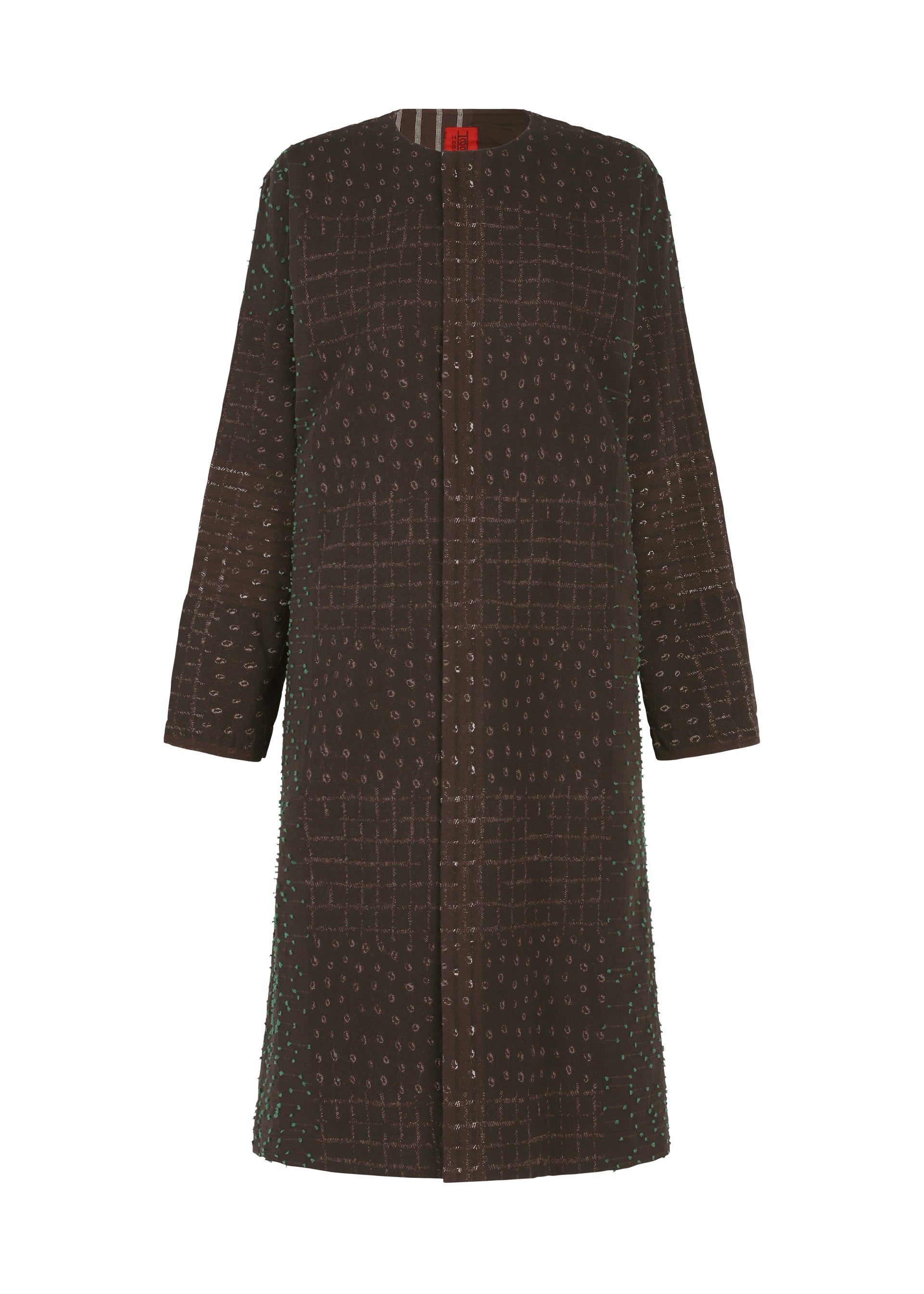 Zoomed view The COLLAGE STRETCH Ⅰ by HaaT is a long, dark brown coat showcasing subtle jacquard weaving with checkered and dotted patterns, designed without visible buttons, featuring straight sleeves and a collarless neckline. - DARK BROWN （no.45）