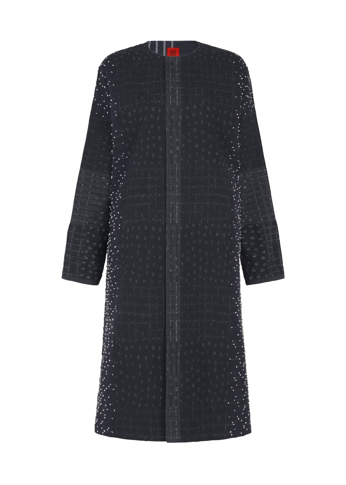The COLLAGE STRETCH Ⅰ by HaaT is a long black coat featuring a jacquard-woven grid-like texture with small white dots throughout, designed with long sleeves and a clean front without visible buttons or fasteners, shown against a white background. view 2 of 8