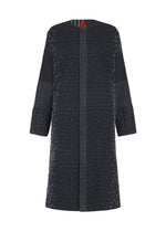 The COLLAGE STRETCH Ⅰ by HaaT is a long black coat featuring a jacquard-woven grid-like texture with small white dots throughout, designed with long sleeves and a clean front without visible buttons or fasteners, shown against a white background. - NAVY （no.75）