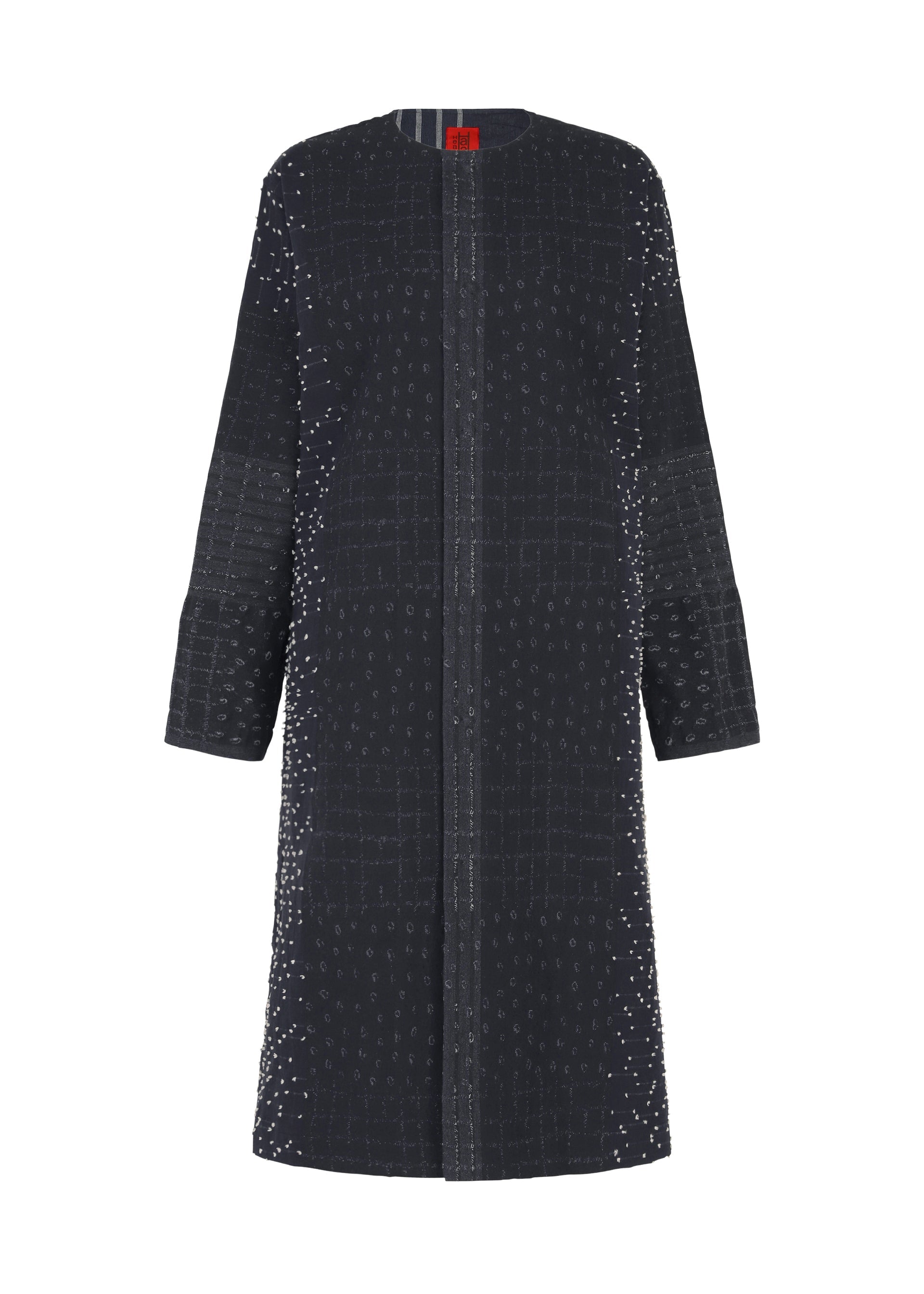 Zoomed view The COLLAGE STRETCH Ⅰ by HaaT is a long black coat featuring a jacquard-woven grid-like texture with small white dots throughout, designed with long sleeves and a clean front without visible buttons or fasteners, shown against a white background. - NAVY （no.75）