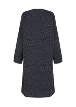 A back view of the HaaT “COLLAGE STRETCH Ⅰ” — a long-sleeved, knee-length black coat with a subtle white dotted pattern and straight cut, crafted using jacquard weaving techniques, shown against a white background.