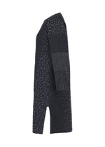The COLLAGE STRETCH Ⅰ by HaaT is a black, knee-length jacquard coat featuring small white dots. Shown from the side, this textured piece has long sleeves and a straight, relaxed fit.