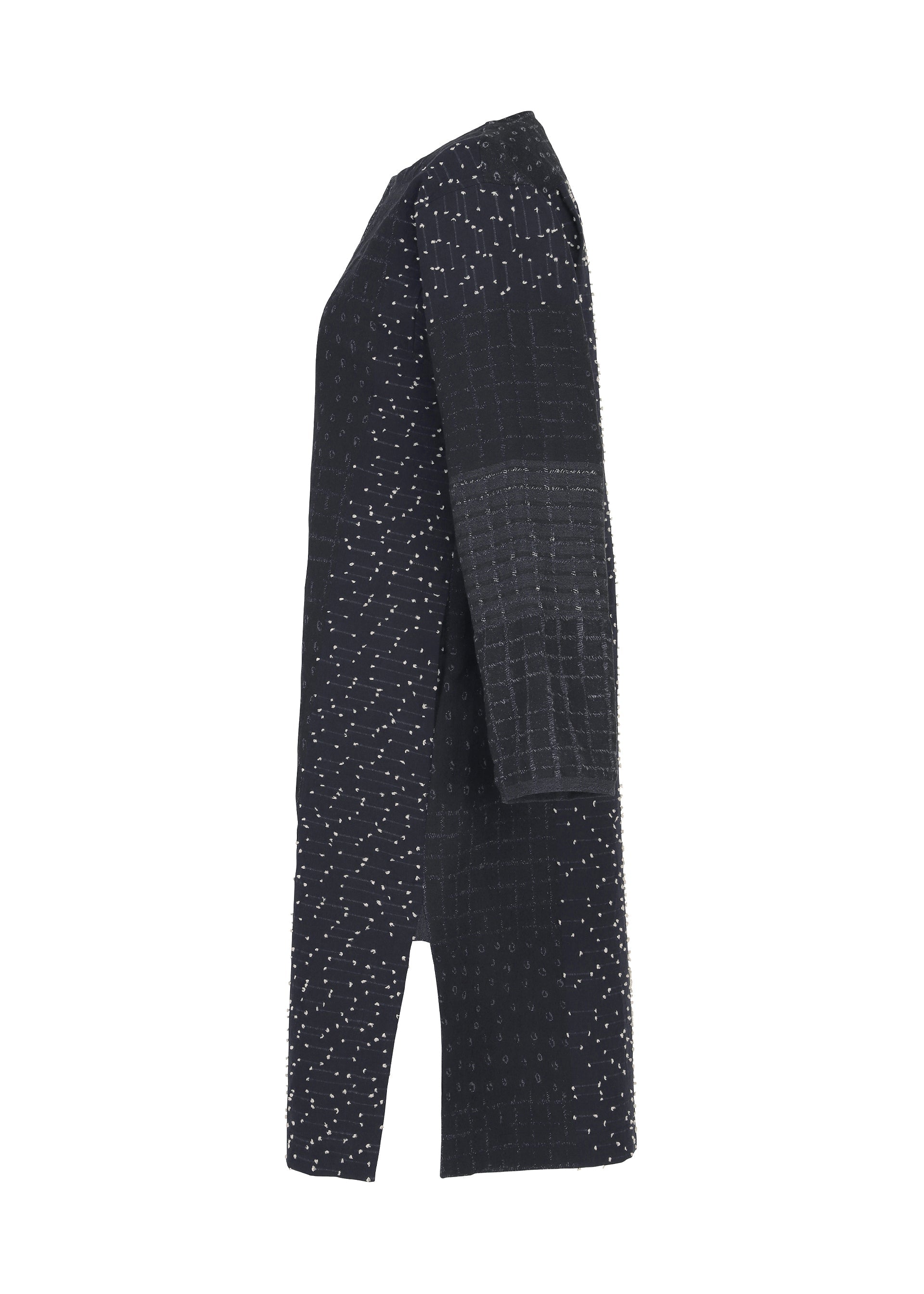Zoomed view The COLLAGE STRETCH Ⅰ by HaaT is a black, knee-length jacquard coat featuring small white dots. Shown from the side, this textured piece has long sleeves and a straight, relaxed fit.