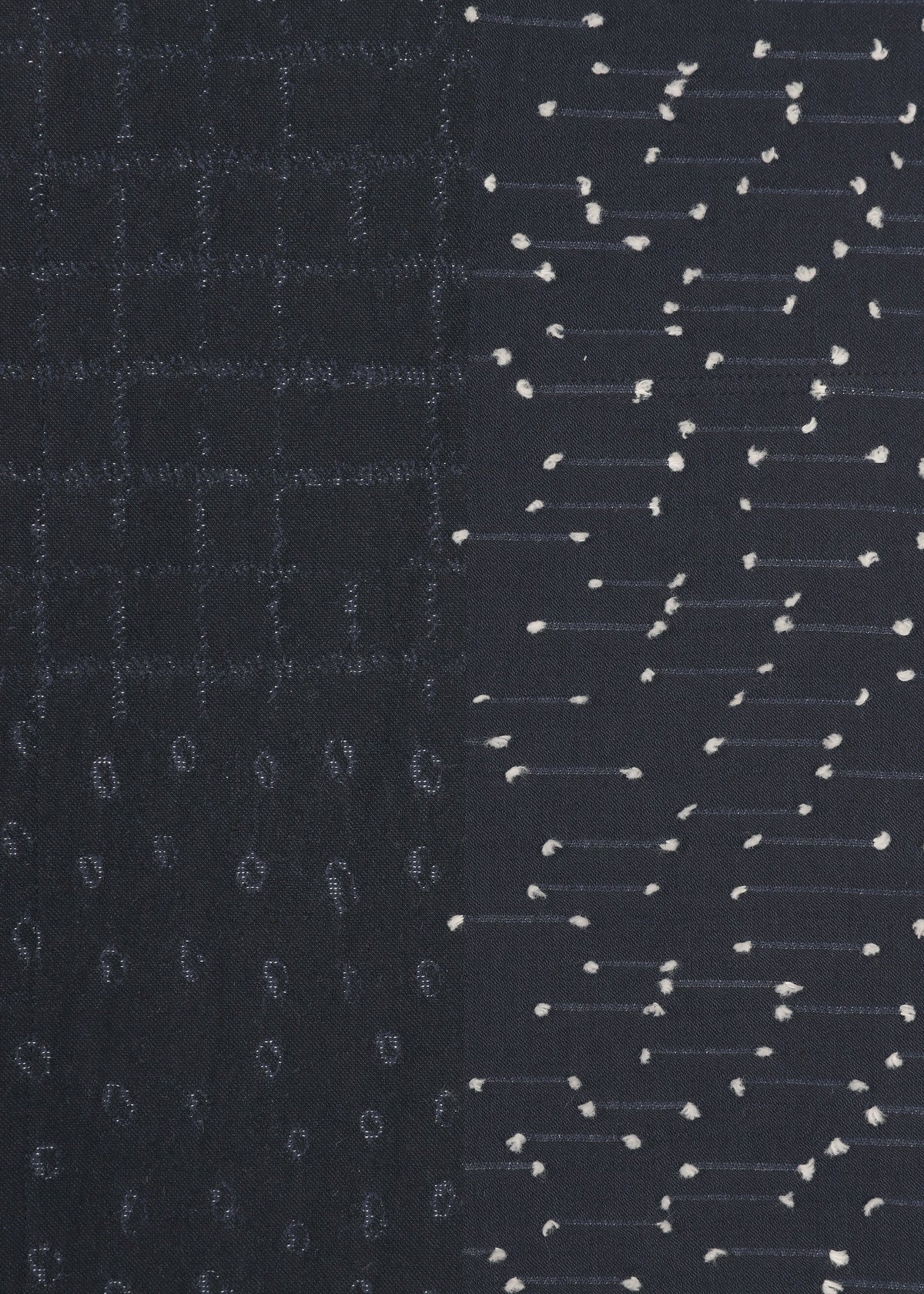 COLLAGE STRETCH Ⅰ by HaaT is a dark fabric showcasing three unique patterns: a jacquard weaving-inspired grid on the left, small vertical oval shapes at the bottom, and horizontal dashed lines accented with small white dots on the right. view 5 of 8