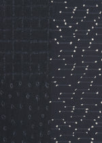 COLLAGE STRETCH Ⅰ by HaaT is a dark fabric showcasing three unique patterns: a jacquard weaving-inspired grid on the left, small vertical oval shapes at the bottom, and horizontal dashed lines accented with small white dots on the right.
