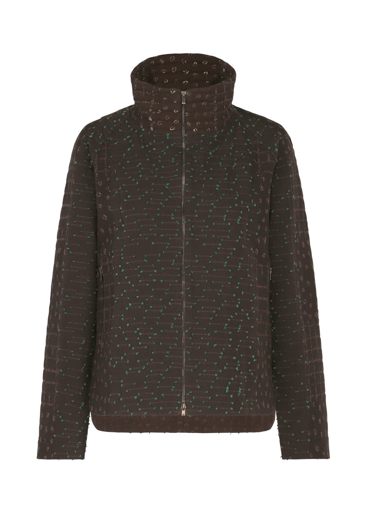 The COLLAGE STRETCH Ⅰ jacket by HaaT features a dark brown hue with a high collar, front zipper, and an all-over subtle green dotted pattern. Its quilted fabric adds textured dimension reminiscent of jacquard weaving to the overall design. view 1 of 8