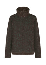 The COLLAGE STRETCH Ⅰ jacket by HaaT features a dark brown hue with a high collar, front zipper, and an all-over subtle green dotted pattern. Its quilted fabric adds textured dimension reminiscent of jacquard weaving to the overall design. - DARK BROWN （no.45）