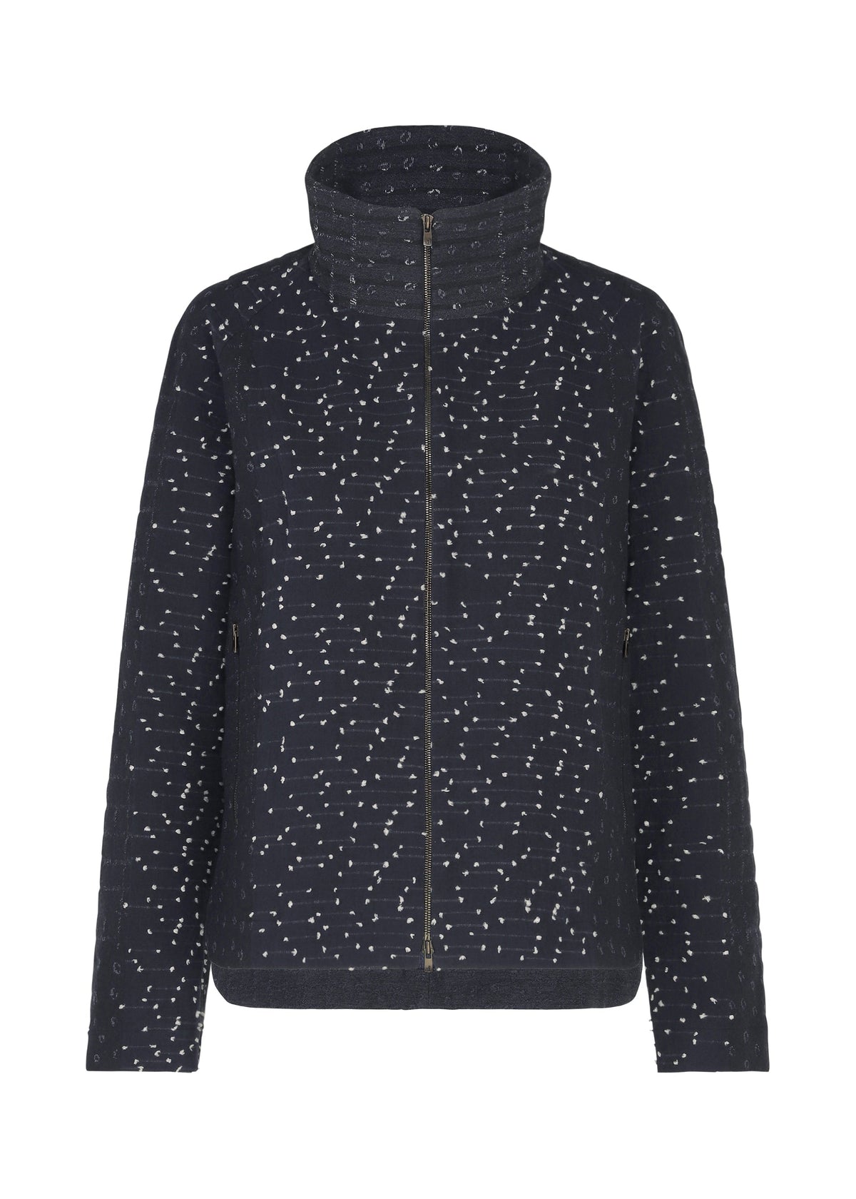 The COLLAGE STRETCH Ⅰ by HaaT is a navy blue quilted jacket with a high collar and zip-front, adorned with a subtle white dotted pattern inspired by classic jacquard weaving for an elevated touch. view 2 of 8