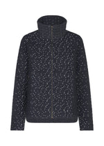 The COLLAGE STRETCH Ⅰ by HaaT is a navy blue quilted jacket with a high collar and zip-front, adorned with a subtle white dotted pattern inspired by classic jacquard weaving for an elevated touch. - NAVY （no.75）