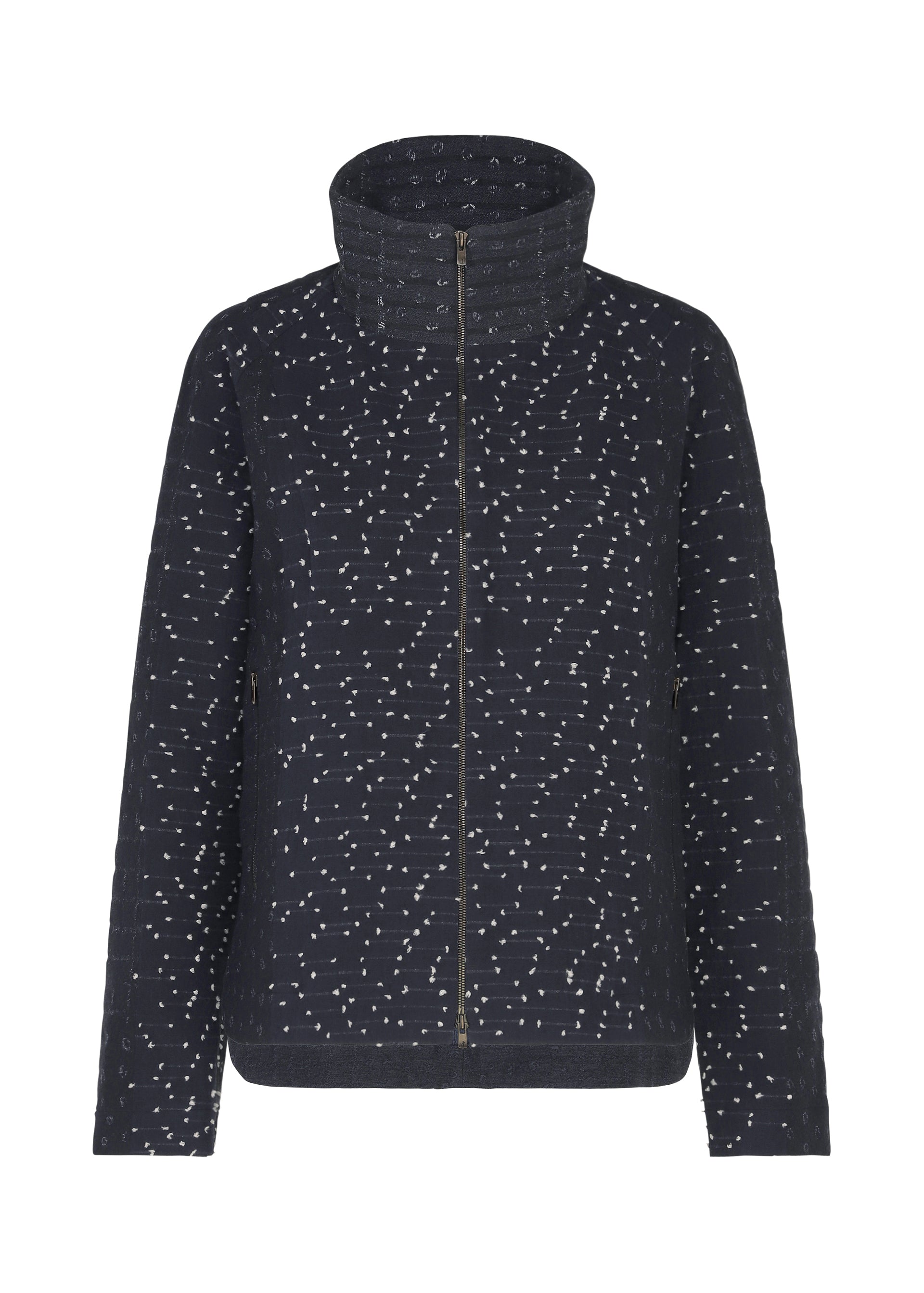 Zoomed view The COLLAGE STRETCH Ⅰ by HaaT is a navy blue quilted jacket with a high collar and zip-front, adorned with a subtle white dotted pattern inspired by classic jacquard weaving for an elevated touch. - NAVY （no.75）