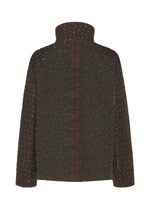 The COLLAGE STRETCH Ⅰ by HaaT is a brown, high-collar jacket with green dotted and grid patterns, showcased from the back. This jacket features long sleeves and a structured, symmetrical silhouette, elevated by understated check pattern detailing that brings a contemporary edge to its classic design.