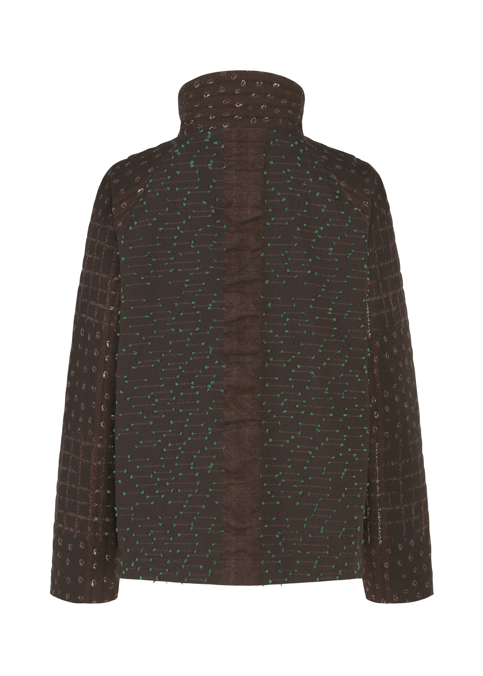 Zoomed view The COLLAGE STRETCH Ⅰ by HaaT is a brown, high-collar jacket with green dotted and grid patterns, showcased from the back. This jacket features long sleeves and a structured, symmetrical silhouette, elevated by understated check pattern detailing that brings a contemporary edge to its classic design.