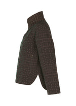 Side view of HaaT’s COLLAGE STRETCH Ⅰ jacket in dark brown, hip-length with a high collar and three-quarter sleeves. This piece features a distinctive check pattern with a grid design accented by small circles, showcasing visible texture and subtle jacquard weaving for added depth.