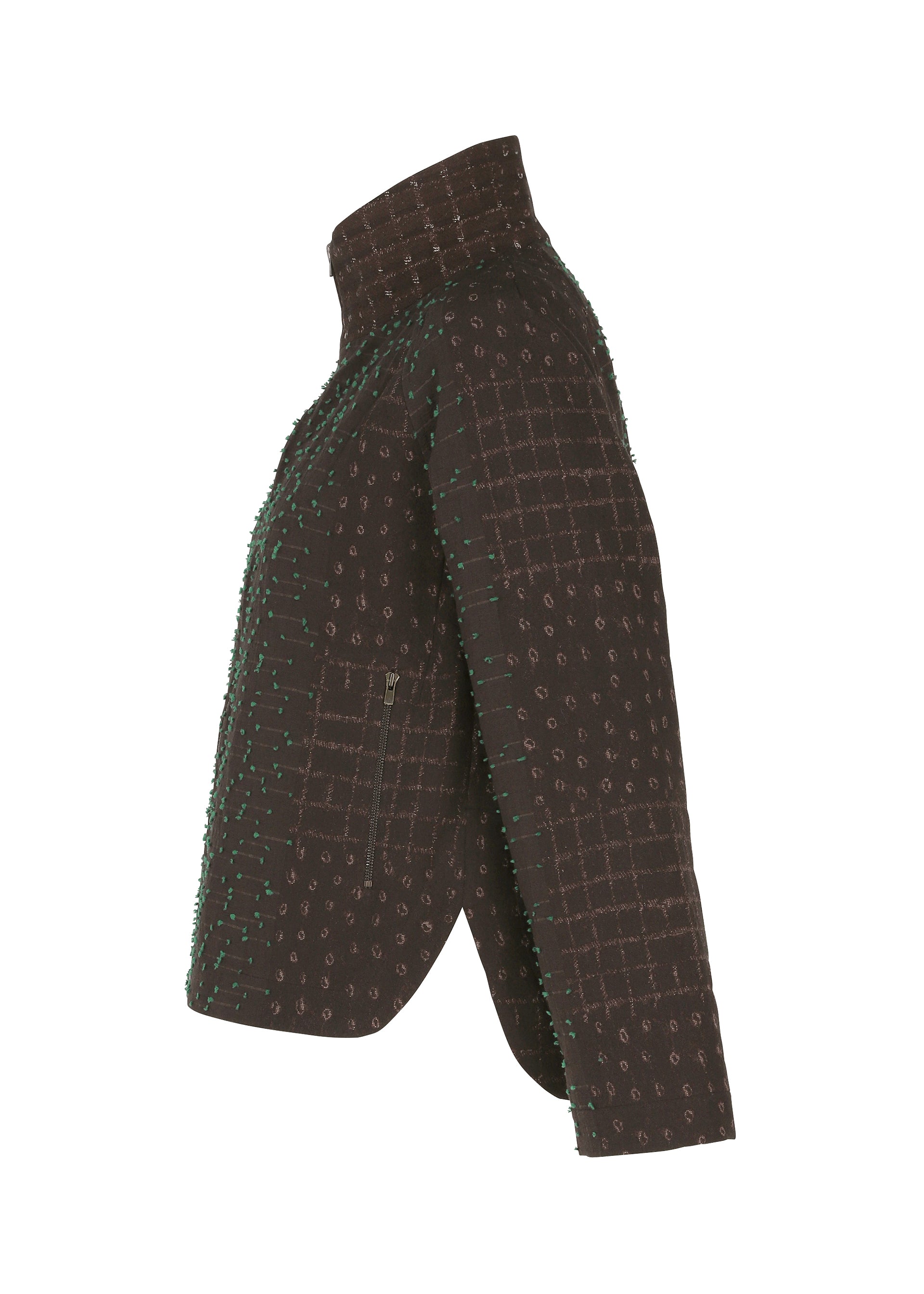 Zoomed view Side view of HaaT’s COLLAGE STRETCH Ⅰ jacket in dark brown, hip-length with a high collar and three-quarter sleeves. This piece features a distinctive check pattern with a grid design accented by small circles, showcasing visible texture and subtle jacquard weaving for added depth.