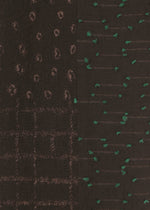 Close-up of HaaT’s COLLAGE STRETCH Ⅰ fabric in dark brown, featuring three jacquard-inspired stitched patterns: brown circles, a check-like brown grid, and scattered green dots—each arranged in vertical side-by-side sections.