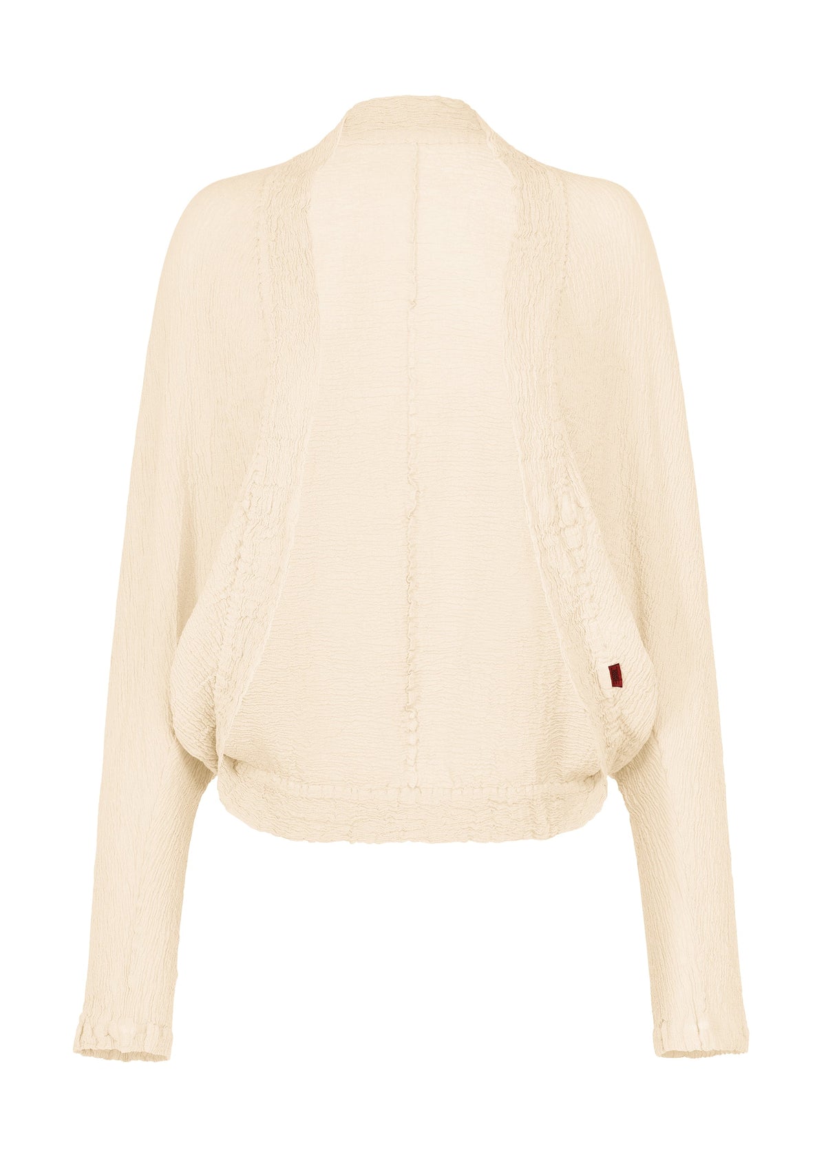 The cream-colored KYO CHIJIMI 2WAY cardigan by HaaT features a subtle crinkle texture, long sleeves, an open front, and a loose, draped silhouette shown against a white background. view 1 of 8
