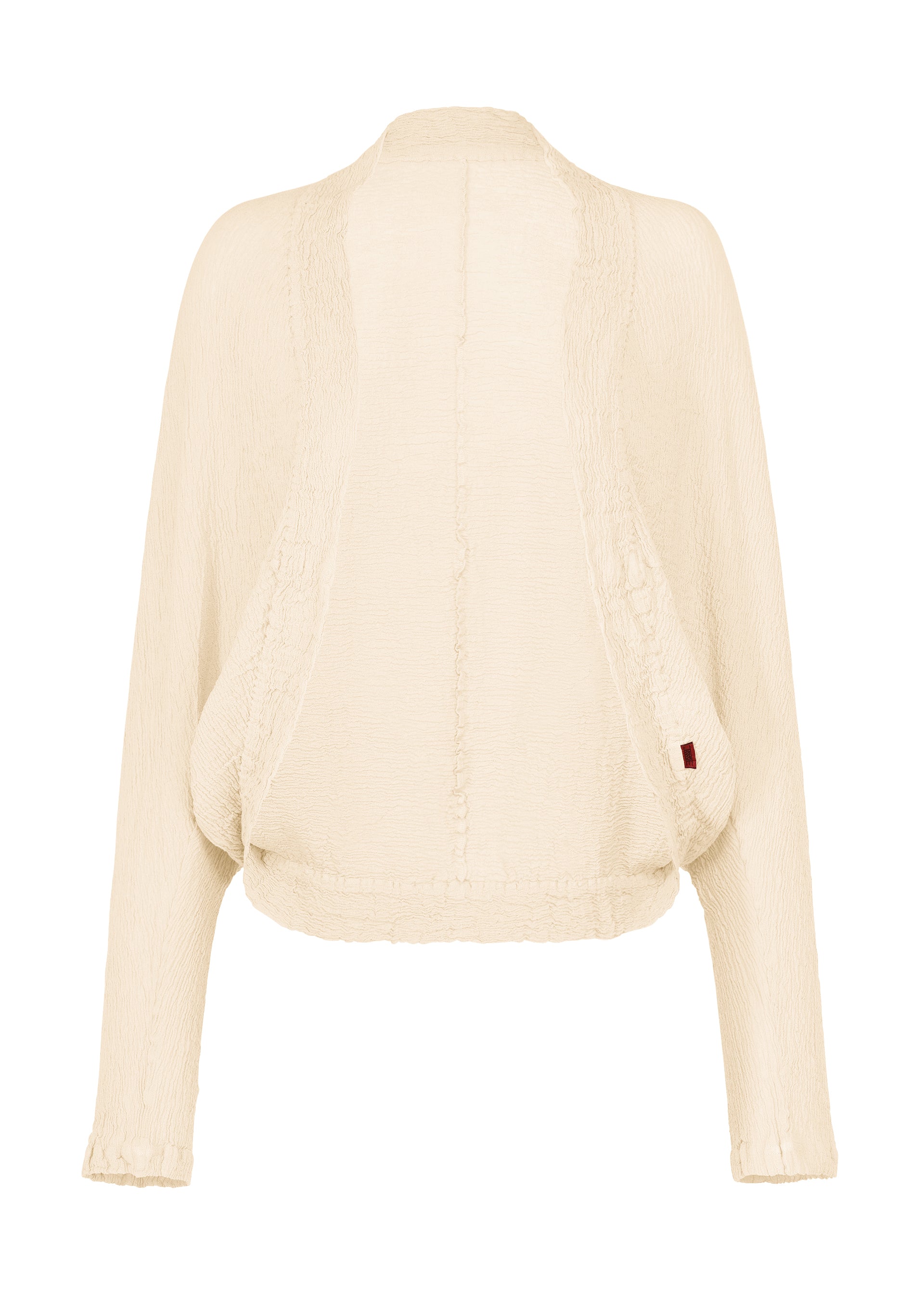 Zoomed view The cream-colored KYO CHIJIMI 2WAY cardigan by HaaT features a subtle crinkle texture, long sleeves, an open front, and a loose, draped silhouette shown against a white background. - IVORY （no.03）