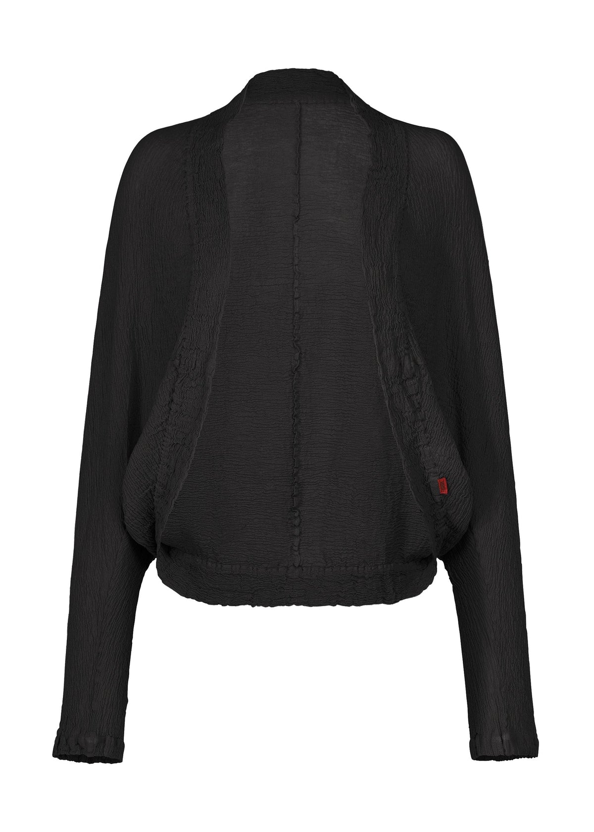 Black, long-sleeve, open-front bolero-style cardigan crafted from KYO CHIJIMI’s signature crinkle-textured fabric by HaaT, featuring a relaxed, draped fit and a small red tag near the left hem as a distinctive detail. view 2 of 8