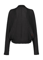 Black, long-sleeve, open-front bolero-style cardigan crafted from KYO CHIJIMI’s signature crinkle-textured fabric by HaaT, featuring a relaxed, draped fit and a small red tag near the left hem as a distinctive detail. - BROWNISH BLACK （no.16）