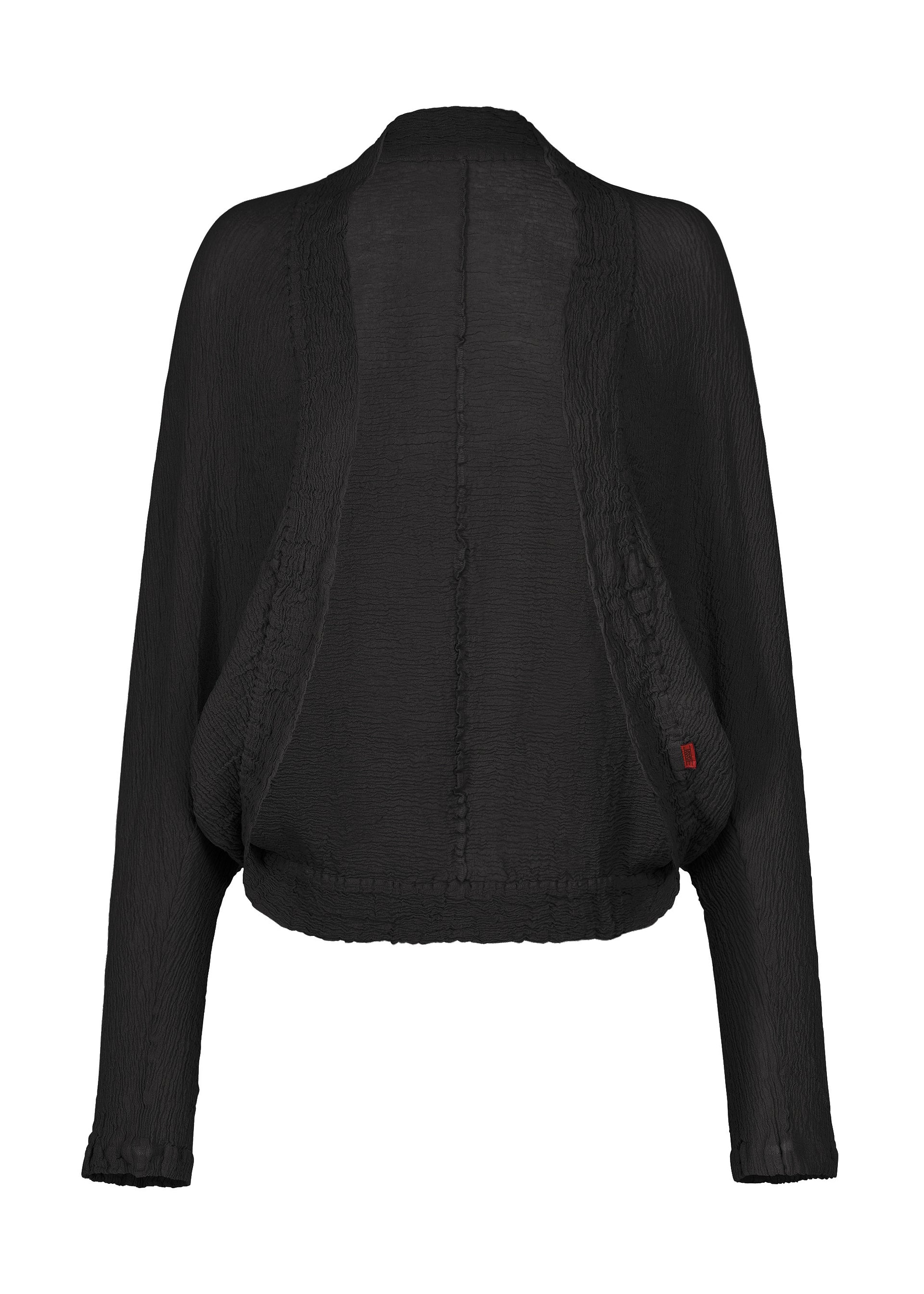 Zoomed view Black, long-sleeve, open-front bolero-style cardigan crafted from KYO CHIJIMI’s signature crinkle-textured fabric by HaaT, featuring a relaxed, draped fit and a small red tag near the left hem as a distinctive detail. - BROWNISH BLACK （no.16）