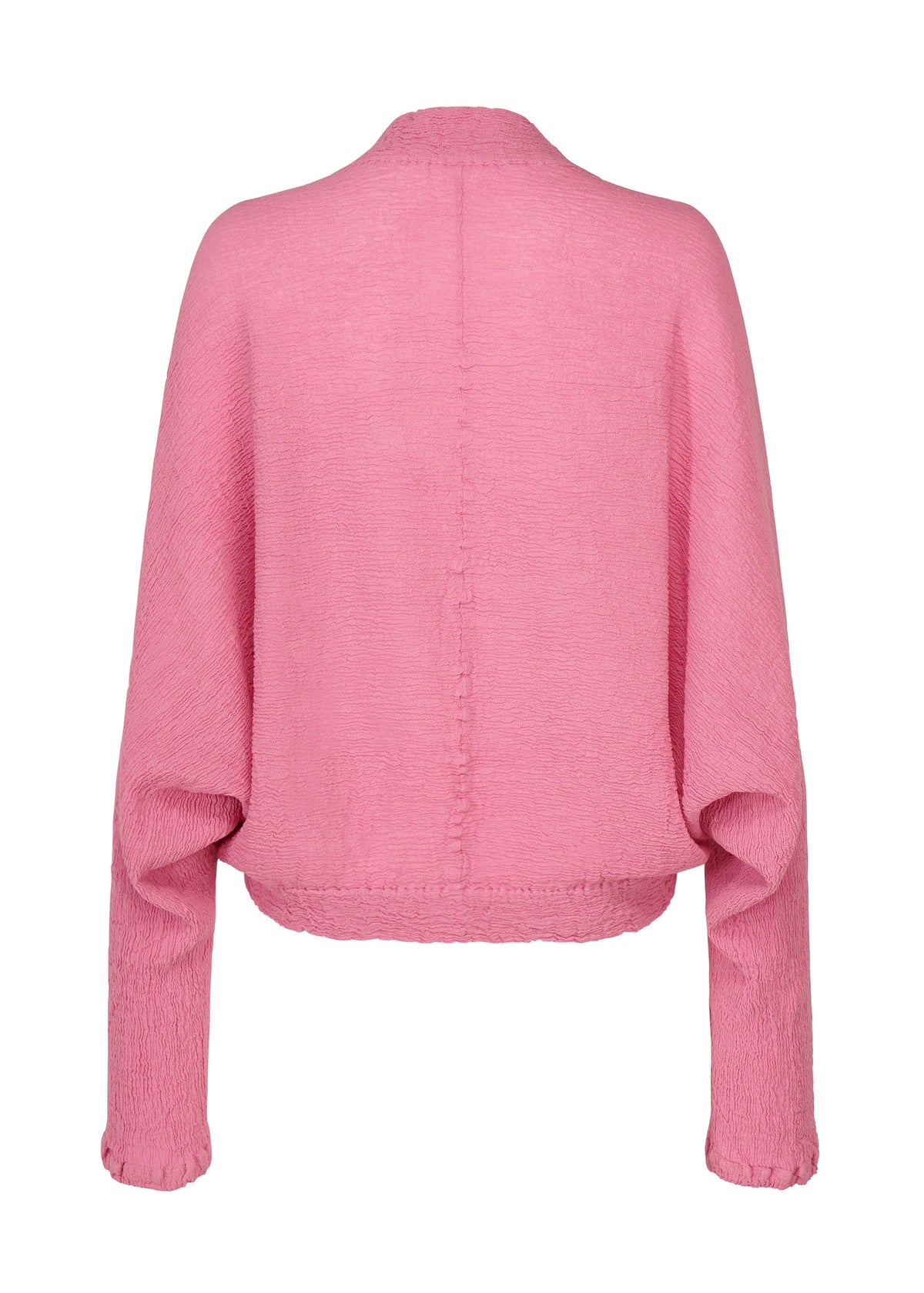 Back view of the HaaT KYO CHIJIMI 2WAY blouse in pink, featuring a crinkle texture inspired by traditional KYO CHIJIMI fabric. This long-sleeve top offers a loose fit, gathered cuffs, straight hem, and subtle center and side seam details. view 4 of 8