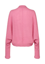 Back view of the HaaT KYO CHIJIMI 2WAY blouse in pink, featuring a crinkle texture inspired by traditional KYO CHIJIMI fabric. This long-sleeve top offers a loose fit, gathered cuffs, straight hem, and subtle center and side seam details.