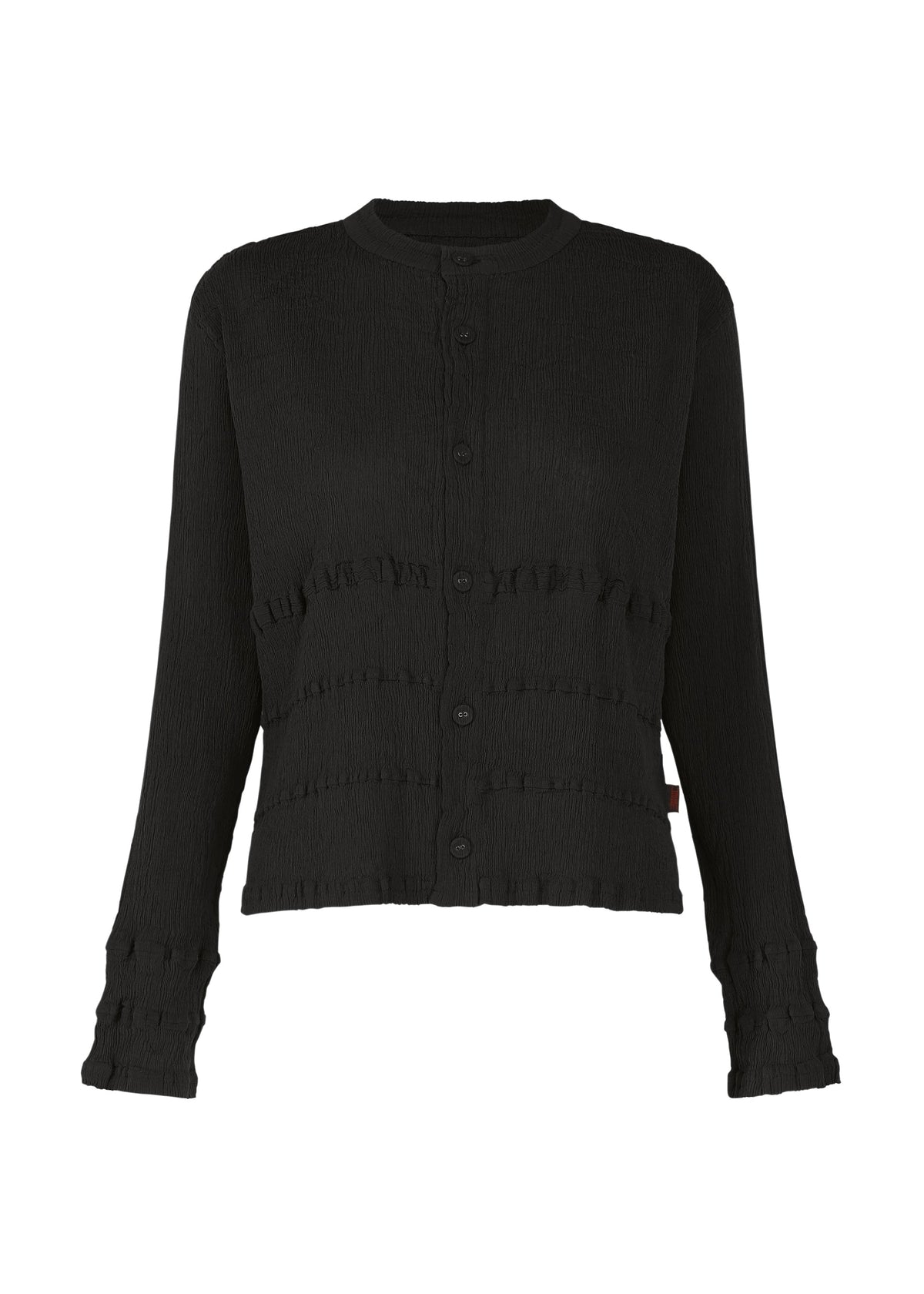 A black, long-sleeve KYO CHIJIMI TSUCHIKABE cardigan by HaaT with a round neckline, button-up front, textured ultra-fine cotton fabric, and frilled accents on the chest, waist, and cuffs. Shown against a plain white background. view 1 of 8
