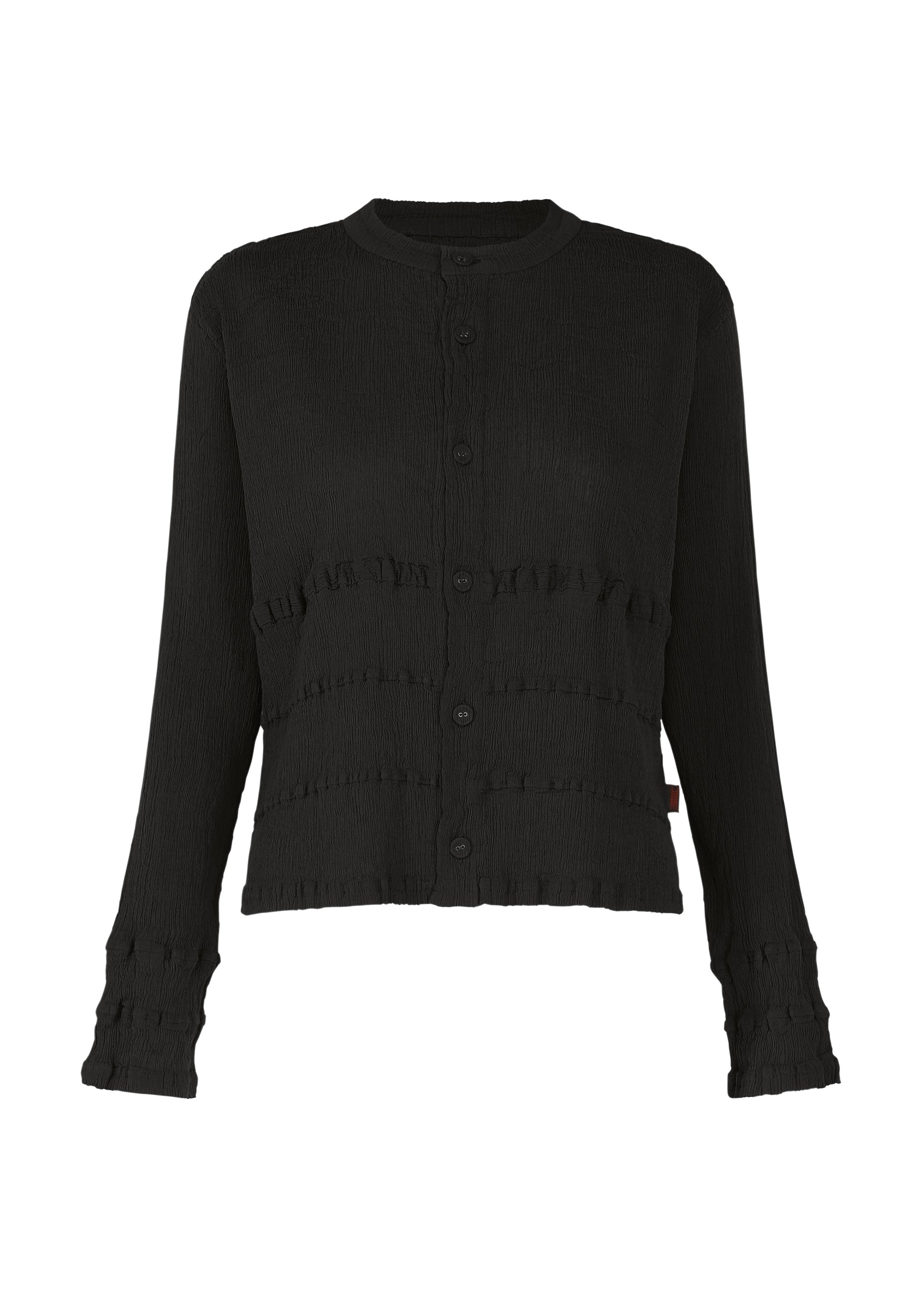 Zoomed view A black, long-sleeve KYO CHIJIMI TSUCHIKABE cardigan by HaaT with a round neckline, button-up front, textured ultra-fine cotton fabric, and frilled accents on the chest, waist, and cuffs. Shown against a plain white background. - BLACK （no.15）