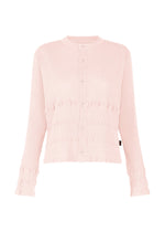 The HaaT KYO CHIJIMI TSUCHIKABE is a light pink, long-sleeve cardigan with a round neckline and horizontal ruffle details. Made from ultra-fine cotton, it features a crepe-like texture for enhanced comfort. - LIGHT PINK （no.20）
