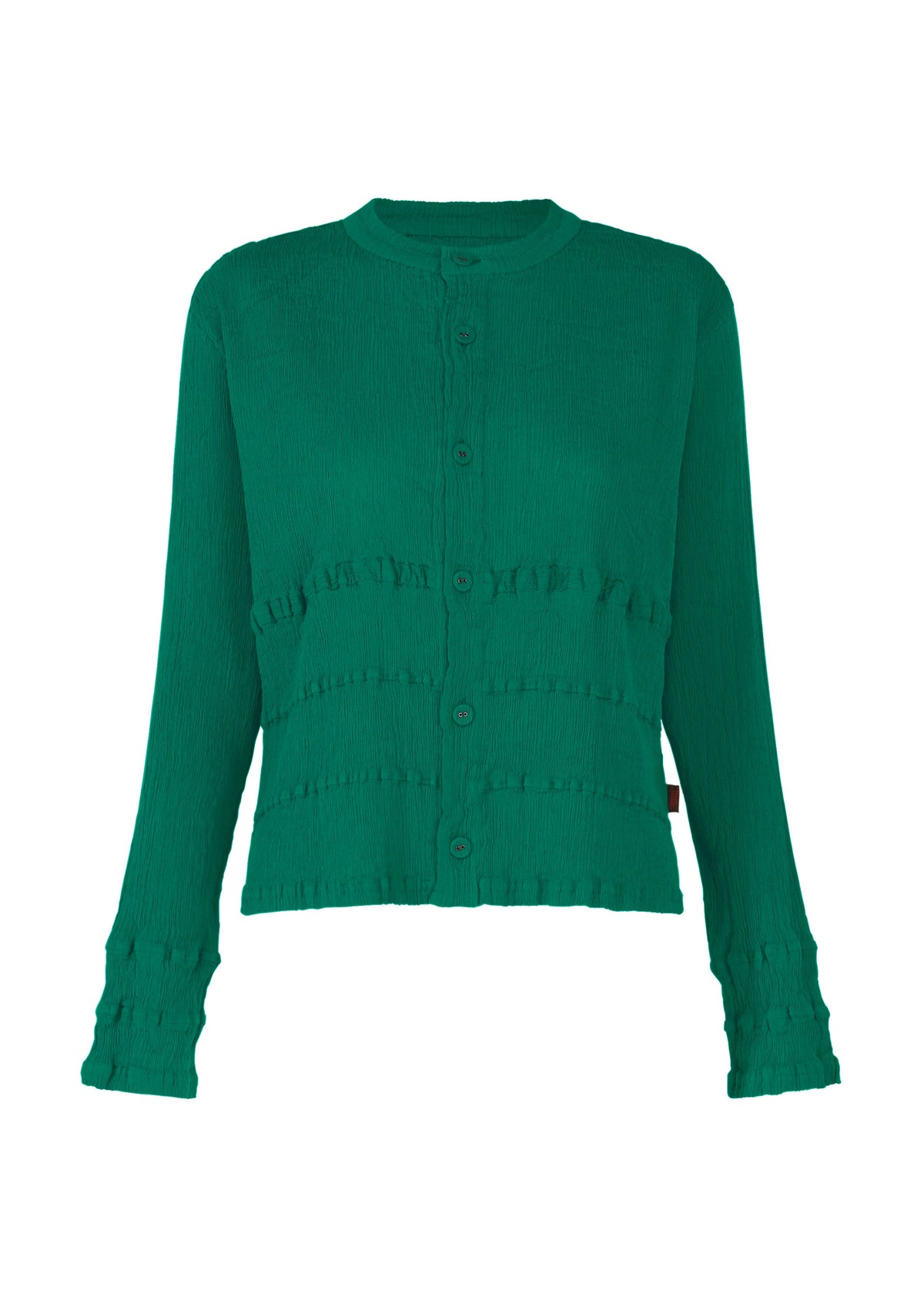 The HaaT KYO CHIJIMI TSUCHIKABE is a long-sleeve, button-up cardigan with a round neck, made from ultra-fine cotton for a crepe-like feel, featuring ruffled chest, sleeve, and cuff details. view 3 of 8