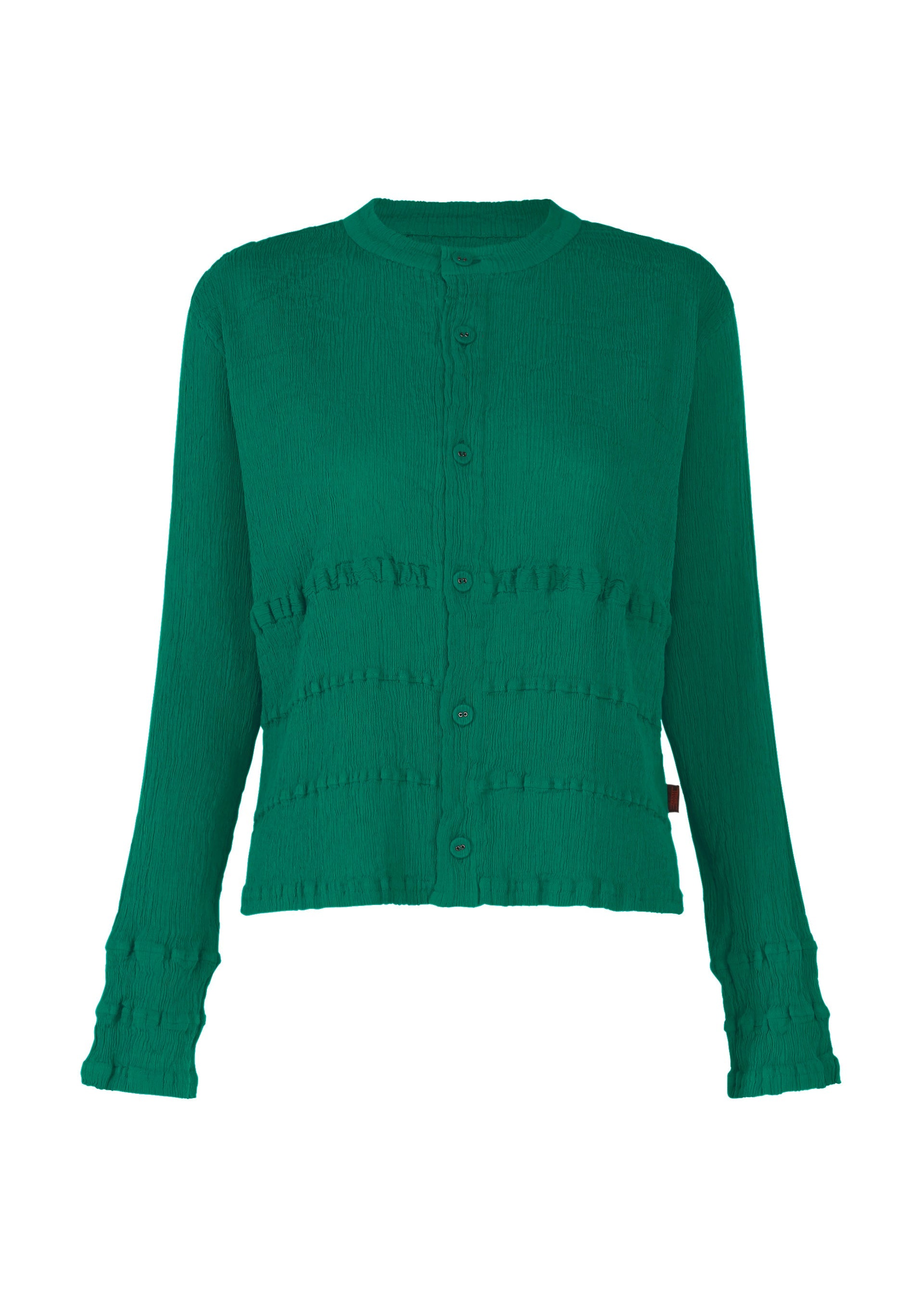 Zoomed view The HaaT KYO CHIJIMI TSUCHIKABE is a long-sleeve, button-up cardigan with a round neck, made from ultra-fine cotton for a crepe-like feel, featuring ruffled chest, sleeve, and cuff details. - GREEN （no.62）