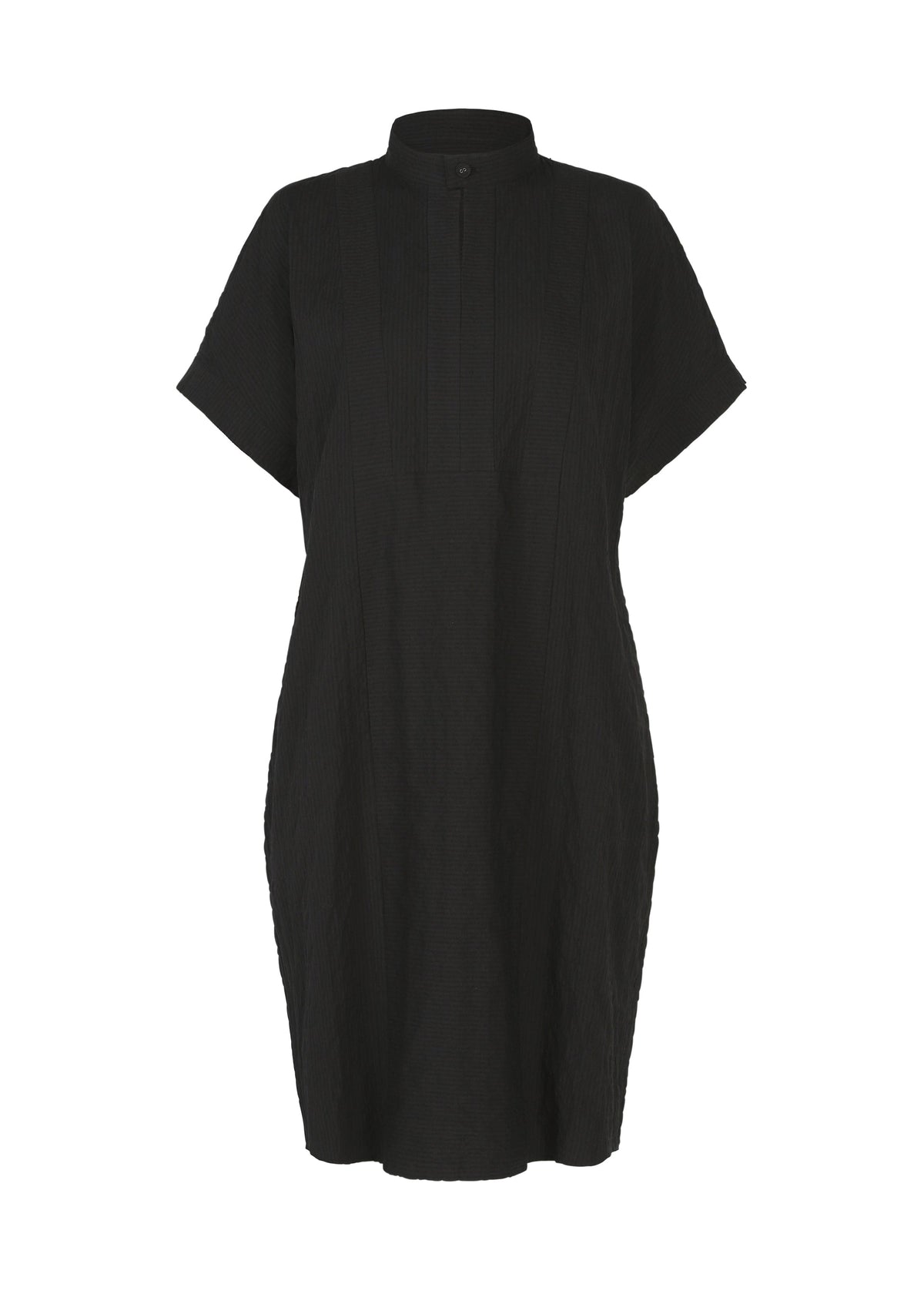 The HaaT RIPPLE STRIPE is a black, short-sleeved tunic dress with a stand collar, front button placket, and relaxed fit. It features a subtle wave striped pattern and is displayed on a white background. view 2 of 8