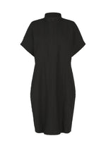 The HaaT RIPPLE STRIPE is a black, short-sleeved tunic dress with a stand collar, front button placket, and relaxed fit. It features a subtle wave striped pattern and is displayed on a white background. - BLACK （no.15）