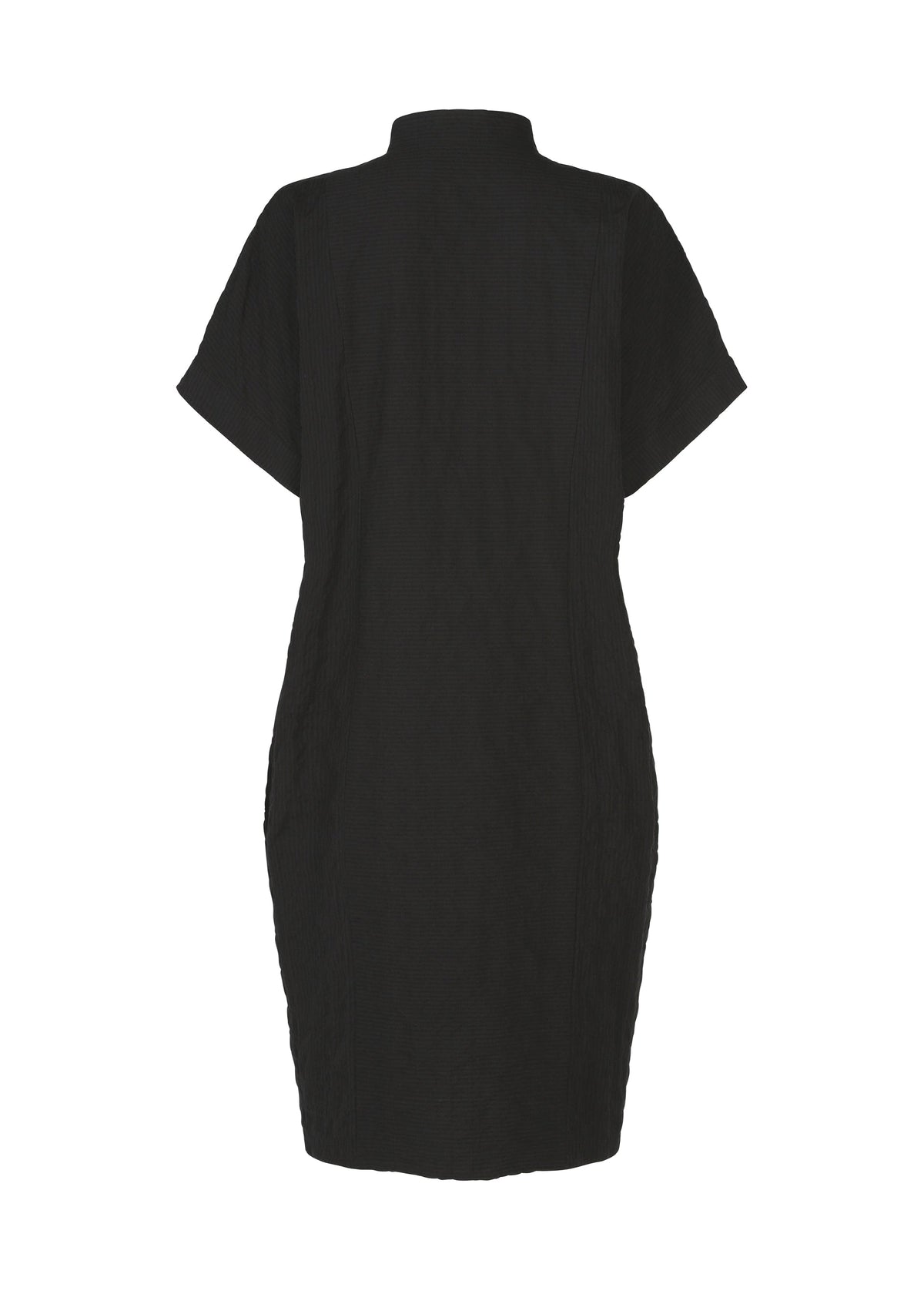 The HaaT RIPPLE STRIPE is a black, short-sleeved tunic dress with a high collar, shown from the back against a plain white background. The dress features a simple design without visible patterns or embellishments. view 3 of 8