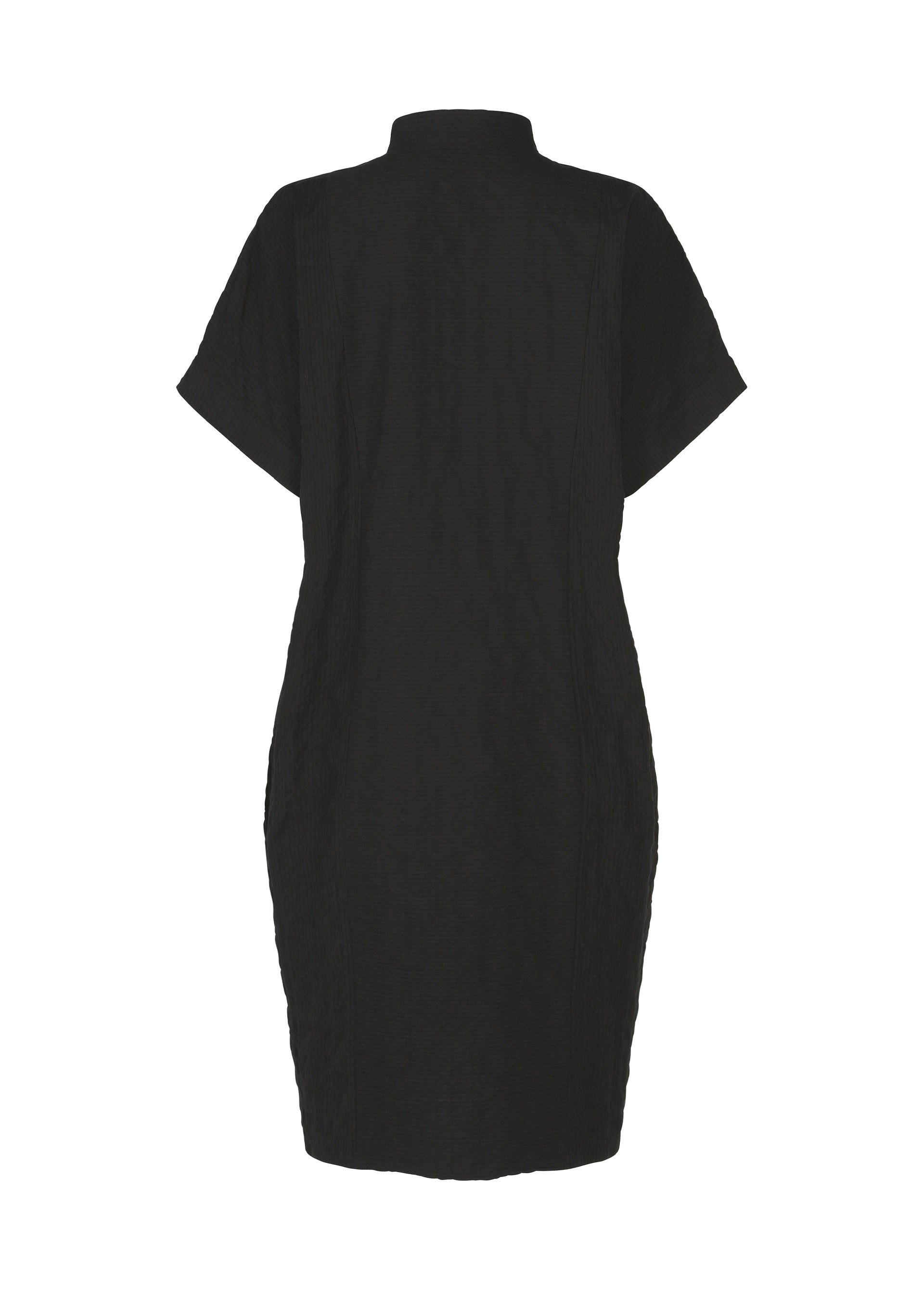 Zoomed view The HaaT RIPPLE STRIPE is a black, short-sleeved tunic dress with a high collar, shown from the back against a plain white background. The dress features a simple design without visible patterns or embellishments.